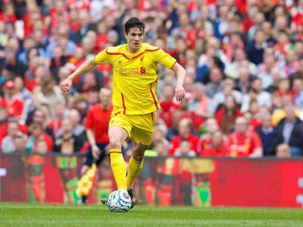 DUBLIN, REPUBLIC OF IRELAND - Wednesday, May 14, 2014: Liverpool's Martin Kelly in action against Shamrock Rovers during a postseason friendly match at Lansdowne Road. (Pic by David Rawcliffe/Propaganda)