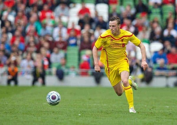 DUBLIN, REPUBLIC OF IRELAND - Wednesday, May 14, 2014: Liverpool's Brad Smith in action against Shamrock Rovers during a postseason friendly match at Lansdowne Road. (Pic by David Rawcliffe/Propaganda)