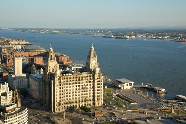 LIVERPOOL, ENGLAND - Saturday, June 21, 2014: Views across Liverpool including the Liver Building from floor 38 of the West Tower at a players' dinner during Day Three of the Liverpool Hope University International Tennis Tournament. (Pic by David Rawcliffe/Propaganda)