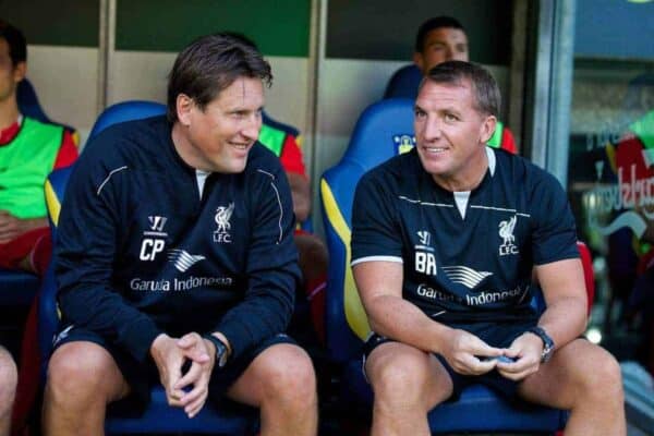 COPENHAGEN, DENMARK - Wednesday, July 16, 2014: Liverpool's manager Brendan Rodgers and assistant manager Colin Pascoe before a preseason friendly match against Brøndby IF at Brøndby Stadion. (Pic by David Rawcliffe/Propaganda)