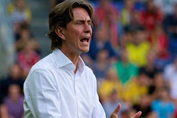 COPENHAGEN, DENMARK - Wednesday, July 16, 2014: Brondby IF's head coach Thomas Frank - now Brentford manager - during a preseason friendly match against Liverpool at Brøndby Stadion. (Pic by David Rawcliffe/Propaganda)