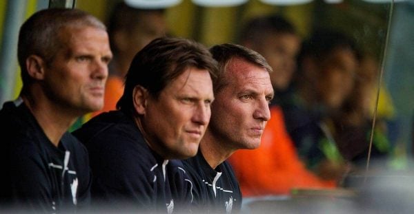 COPENHAGEN, DENMARK - Wednesday, July 16, 2014: Liverpool's manager Brendan Rodgers and assistant manager Colin Pascoe during a preseason friendly match against Brøndby at Brøndby Stadion. (Pic by David Rawcliffe/Propaganda)