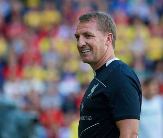 COPENHAGEN, DENMARK - Wednesday, July 16, 2014: Liverpool's manager Brendan Rodgers during a preseason friendly match against Brøndby at Brøndby Stadion. (Pic by David Rawcliffe/Propaganda)