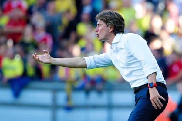 COPENHAGEN, DENMARK - Wednesday, July 16, 2014: Brondby IF's head coach Thomas Frank - now Brentford manager - during a preseason friendly match against Liverpool at Brøndby Stadion. (Pic by David Rawcliffe/Propaganda)