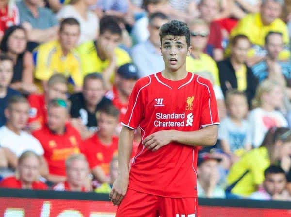 COPENHAGEN, DENMARK - Wednesday, July 16, 2014: Liverpool's Adam Philips in action against Brondby IF on his debut during a preseason friendly match at Brøndby Stadion. (Pic by David Rawcliffe/Propaganda)