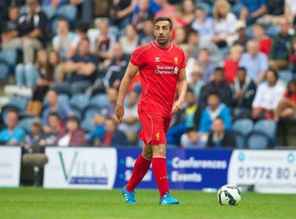 PRESTON, ENGLAND - Saturday, July 19, 2014: Liverpool's Jose Enrique in action against Preston North End during a preseason friendly match at Deepdale Stadium. (Pic by David Rawcliffe/Propaganda)