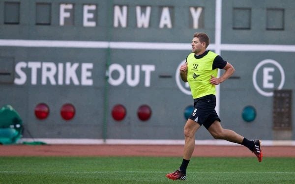 BOSTON, USA - Tuesday, July 22, 2014: Liverpool's captain Steven Gerrard during a training session at Fenway Park in Boston on two one of the club's USA Tour. (Pic by David Rawcliffe/Propaganda)