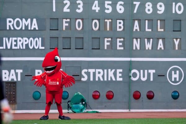 BOSTON, USA - Tuesday, July 22, 2014: Liverpool's mascot Mighty Red during a training session at Fenway Park in Boston on two one of the club's USA Tour. (Pic by David Rawcliffe/Propaganda)
