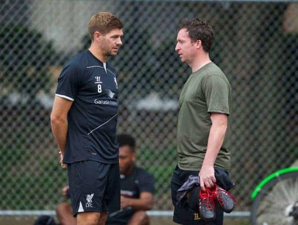 HARVARD, USA - Thursday, July 24, 2014: Liverpool's captain Steven Gerrard and Robbie Fowler during a preseason training session at the Harvard Stadium in Boston on day four of the club's USA Tour. (Pic by David Rawcliffe/Propaganda)