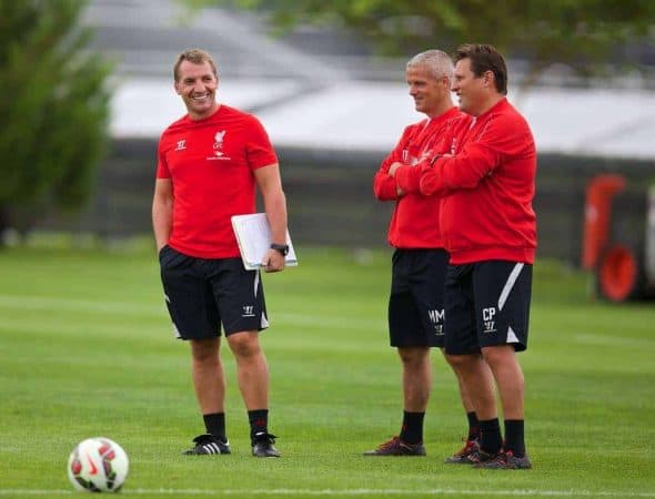 HARVARD, USA - Thursday, July 24, 2014: Liverpool's manager Brendan Rodgers with first team coach Mike Marsh and assistant manager Colin Pascoe during a preseason training session at the Harvard Stadium in Boston on day four of the club's USA Tour. (Pic by David Rawcliffe/Propaganda)