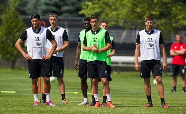 HARVARD, USA - Friday, July 25, 2014: Liverpool's Emre Can, Kristoffer Peterson and captain Steven Gerrard during a preseason training session at the Harvard Stadium in Boston on day five of the club's USA Tour. (Pic by David Rawcliffe/Propaganda)