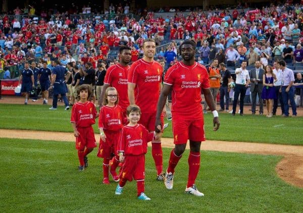 NEW YORK, USA - Wednesday, July 30, 2014: Liverpool's Kolo Toure walks out to face Manchester City during the International Champions Cup Group B match at the Yankee Stadium on day ten of the club's USA Tour. (Pic by David Rawcliffe/Propaganda)