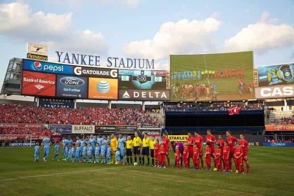 NEW YORK, USA - Wednesday, July 30, 2014: Liverpool players line-up to face Manchester City during the International Champions Cup Group B match at the Yankee Stadium on day ten of the club's USA Tour. (Pic by David Rawcliffe/Propaganda)