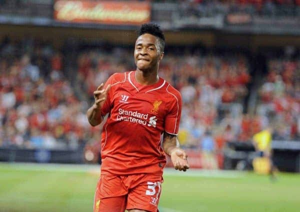 NEW YORK, USA - Wednesday, July 30, 2014: Liverpool's Raheem Sterling celebrates scoring the second goal against Manchester City during the International Champions Cup Group B match at the Yankee Stadium on day ten of the club's USA Tour. (Pic by David Rawcliffe/Propaganda)