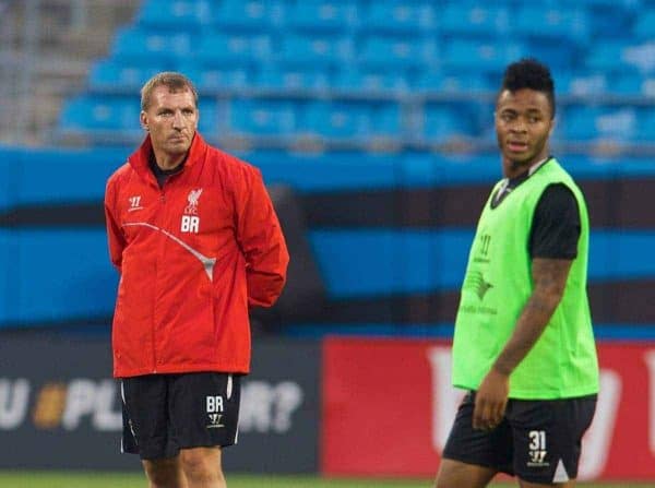 CHARLOTTE, USA - Friday, August 1, 2014: Liverpool's manager Brendan Rodgers and Raheem Sterling during a training session at the Bank of America Stadium on day twelve of the club's USA Tour. (Pic by David Rawcliffe/Propaganda)