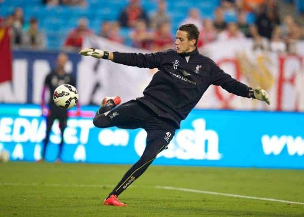 CHARLOTTE, USA - Friday, August 1, 2014: Liverpool's goalkeeper Danny Ward during a training session at the Bank of America Stadium on day twelve of the club's USA Tour. (Pic by David Rawcliffe/Propaganda)