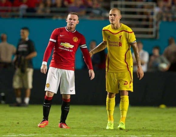 MIAMI, USA - Monday, August 4, 2014: Liverpool's Martin Skrtel and Manchester United's Wayne Rooney during the International Champions Cup Final match at the SunLife Stadium on day fifteen of the club's USA Tour. (Pic by David Rawcliffe/Propaganda)