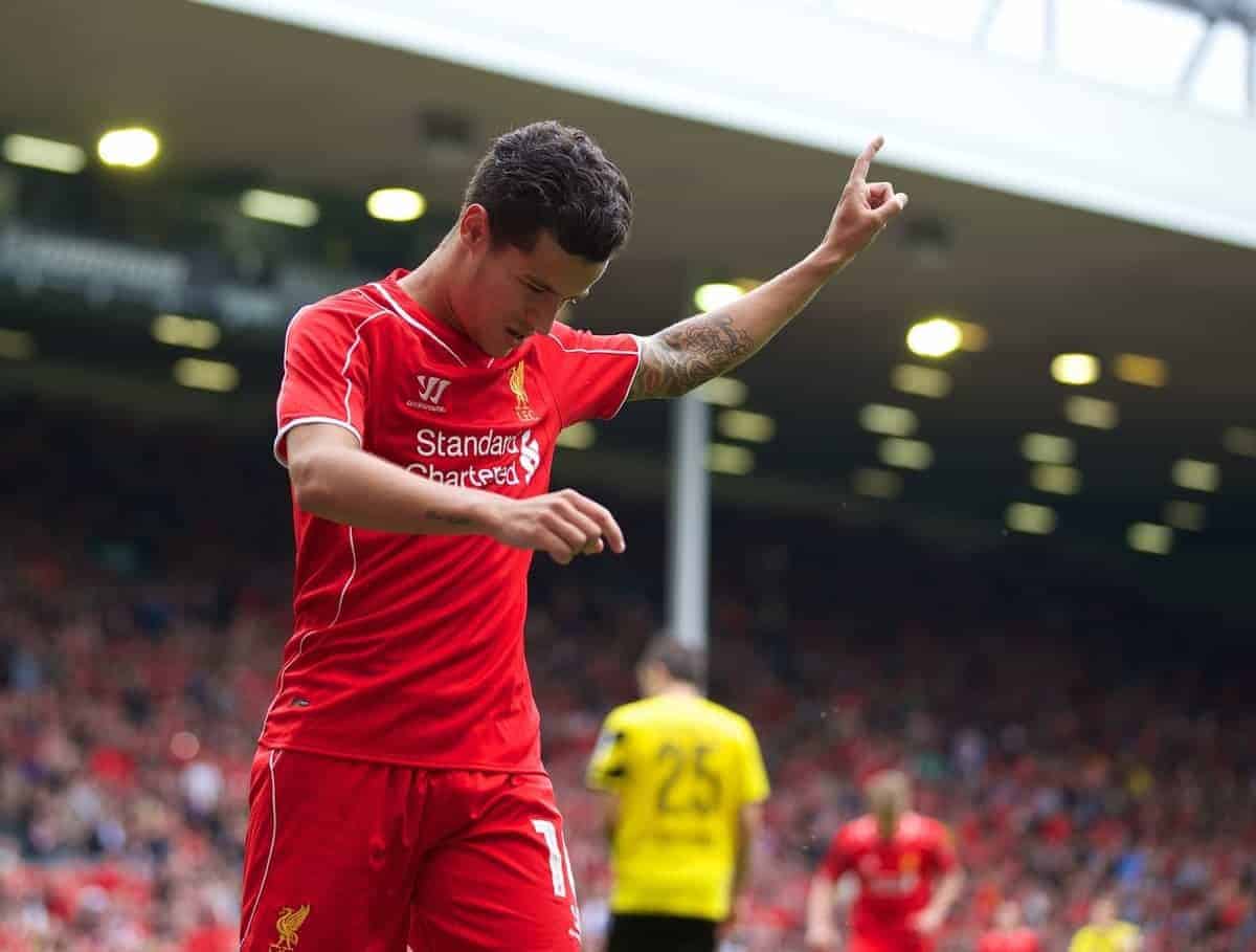 LIVERPOOL, ENGLAND - Sunday, August 10, 2014: Liverpool's Philippe Coutinho Correia celebrates scoring the third goal against Borussia Dortmund during a preseason friendly match at Anfield. (Pic by David Rawcliffe/Propaganda)