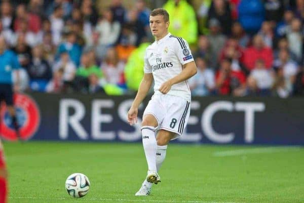 CARDIFF, WALES - Tuesday, August 12, 2014: Real Madrid's Toni Kroos in action against Sevilla during the UEFA Super Cup at the Cardiff City Stadium. (Pic by David Rawcliffe/Propaganda)