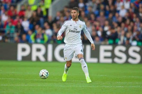 CARDIFF, WALES - Tuesday, August 12, 2014: Real Madrid's Sergio Ramos in action against Sevilla during the UEFA Super Cup at the Cardiff City Stadium. (Pic by David Rawcliffe/Propaganda)