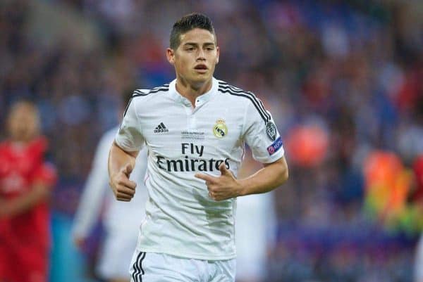 CARDIFF, WALES - Tuesday, August 12, 2014: Real Madrid's James Rodriguez in action against Sevilla during the UEFA Super Cup at the Cardiff City Stadium. (Pic by David Rawcliffe/Propaganda)