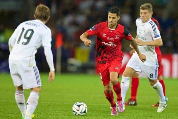 CARDIFF, WALES - Tuesday, August 12, 2014: Sevilla's Vitolo in action against Real Madrid during the UEFA Super Cup at the Cardiff City Stadium. (Pic by David Rawcliffe/Propaganda)