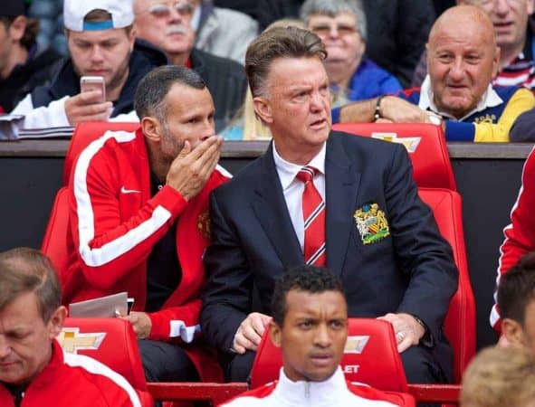 MANCHESTER, ENGLAND - Saturday, August 16, 2014: Manchester United's manager Louis van Gaal and assistant Ryan Giggs before the Premier League match against Swansea City at Old Trafford. (Pic by David Rawcliffe/Propaganda)