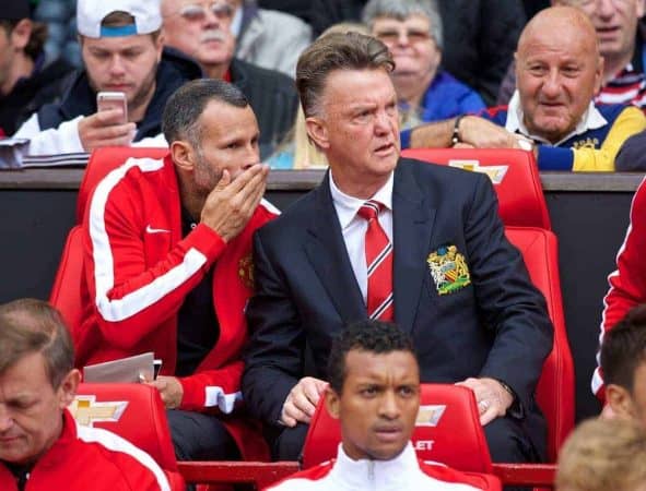 MANCHESTER, ENGLAND - Saturday, August 16, 2014: Manchester United's manager Louis van Gaal and assistant Ryan Giggs before the Premier League match against Swansea City at Old Trafford. (Pic by David Rawcliffe/Propaganda)