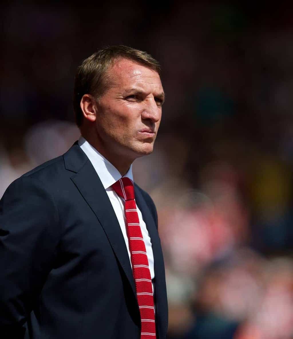 LIVERPOOL, ENGLAND - Sunday, August 17, 2014: Liverpool's manager Brendan Rodgers before the Premier League match against Southampton at Anfield. (Pic by David Rawcliffe/Propaganda)