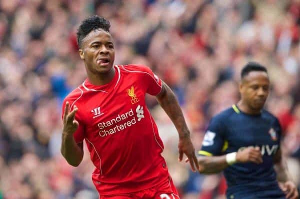 LIVERPOOL, ENGLAND - Sunday, August 17, 2014: Liverpool's Raheem Sterling celebrates scoring the first goal against Southampton during the Premier League match at Anfield. (Pic by David Rawcliffe/Propaganda)