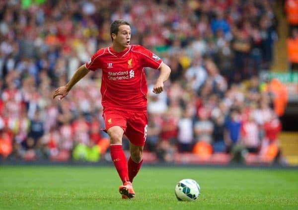 LIVERPOOL, ENGLAND - Sunday, August 17, 2014: Liverpool's Javier Manquillo in action against Southampton during the Premier League match at Anfield. (Pic by David Rawcliffe/Propaganda)