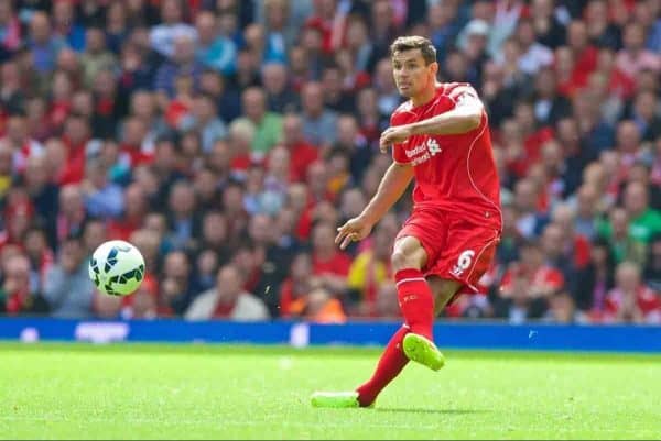 LIVERPOOL, ENGLAND - Sunday, August 17, 2014: Liverpool's Dejan Lovren in action against Southampton during the Premier League match at Anfield. (Pic by David Rawcliffe/Propaganda)