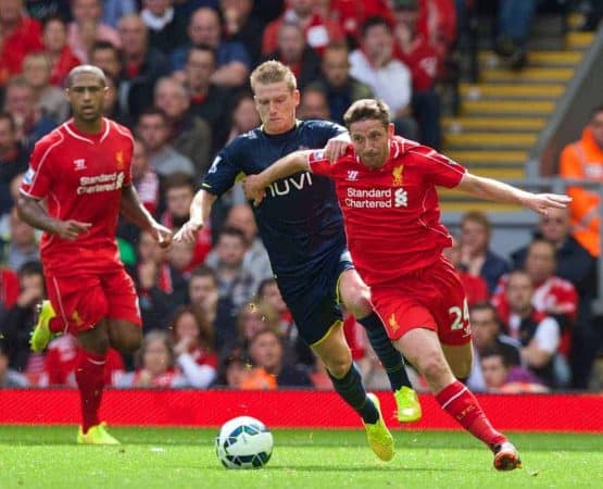 LIVERPOOL, ENGLAND - Sunday, August 17, 2014: Liverpool's Joe Allen in action against Southampton during the Premier League match at Anfield. (Pic by David Rawcliffe/Propaganda)