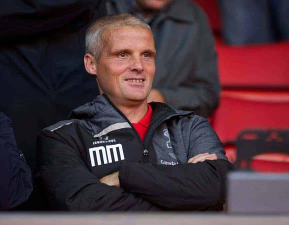 ANFIELD, ENGLAND - Friday, August 22, 2014: Liverpool's first team coach Mike Marsh before the Under 21 FA Premier League match against Manchester United at Anfield. (Pic by David Rawcliffe/Propaganda)