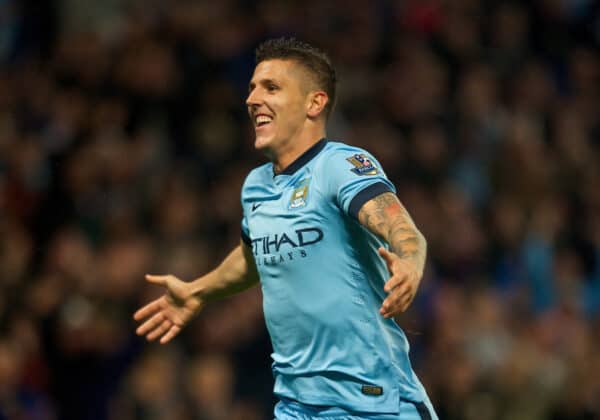 MANCHESTER, ENGLAND - Monday, August 25, 2014: Manchester City's Stevan Jovetic celebrates scoring the second goal against Liverpool during the Premier League match at the City of Manchester Stadium. (Pic by Chris Brunskill/Propaganda)