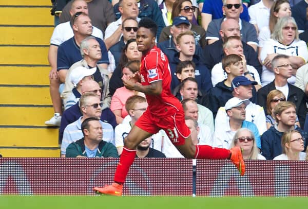 LONDON, ENGLAND - Sunday, August 31, 2014: Liverpool's Raheem Sterling celebrates scoring the first goal against Tottenham Hotspur during the Premier League match at White Hart Lane. (Pic by David Rawcliffe/Propaganda)
