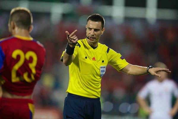 ANDORRA LA VELLA, ANDORRA - Tuesday, September 9, 2014: Referee Slavko Vincic during the opening UEFA Euro 2016 qualifying match between Andorra and Wales at the Camp d’Esports del M.I. Consell General. (Pic by David Rawcliffe/Propaganda)