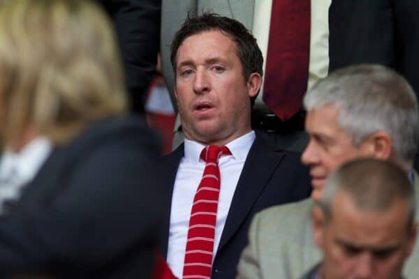 LIVERPOOL, ENGLAND - Saturday, September 13, 2014: Liverpool's Robbie Fowler in the Director's Box during the Premier League match against Aston Villa at Anfield. (Pic by David Rawcliffe/Propaganda)