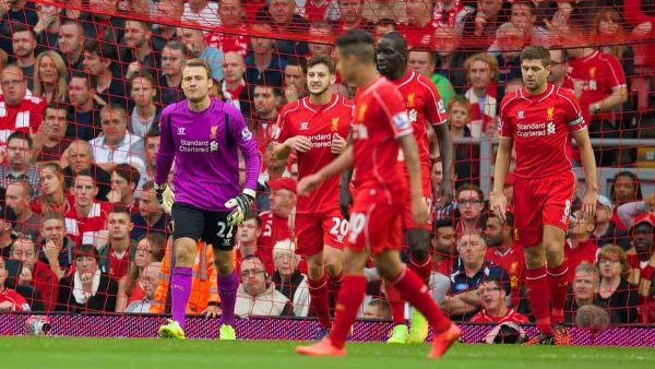 LIVERPOOL, ENGLAND - Saturday, September 13, 2014: Liverpool's goalkeeper Simon Mignolet looks dejected as Aston Villa score the only goal of the game during the Premier League match at Anfield. (Pic by David Rawcliffe/Propaganda)