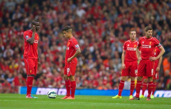 LIVERPOOL, ENGLAND - Saturday, September 13, 2014: Liverpool's Mario Balotelli looks dejected as Aston Villa score the only goal of the game during the Premier League match at Anfield. (Pic by David Rawcliffe/Propaganda)