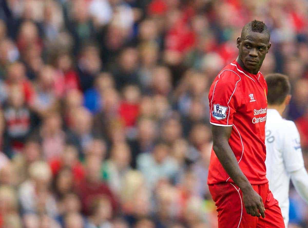 LIVERPOOL, ENGLAND - Saturday, September 13, 2014: Liverpool's Mario Balotelli in action against Aston Villa during the Premier League match at Anfield. (Pic by David Rawcliffe/Propaganda)