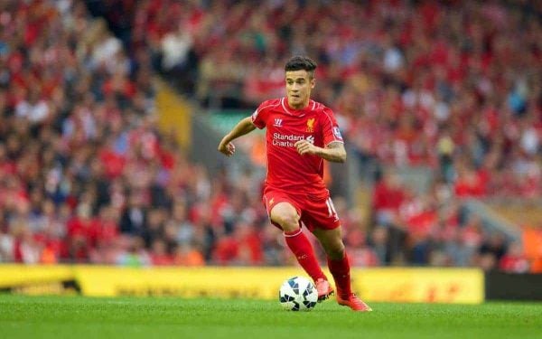 LIVERPOOL, ENGLAND - Saturday, September 13, 2014: Liverpool's Philippe Coutinho Correia in action against Aston Villa during the Premier League match at Anfield. (Pic by David Rawcliffe/Propaganda)