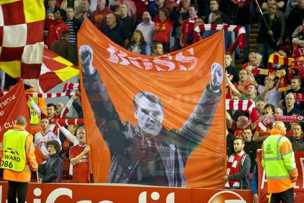 LIVERPOOL, ENGLAND - Tuesday, September 16, 2014: Liverpool supporters on the Spion Kop with a banner on manager Brendan Rodgers 'Boss' before the UEFA Champions League Group B match against PFC Ludogorets Razgrad at Anfield. (Pic by David Rawcliffe/Propaganda)