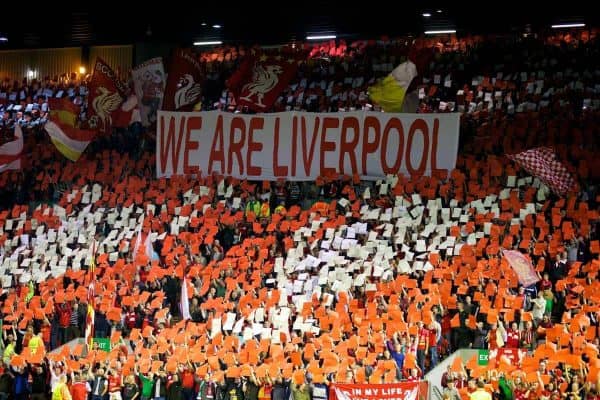 LIVERPOOL, ENGLAND - Tuesday, September 16, 2014: Liverpool supporters on the Spion Kop make a mosaic of European Cups before the UEFA Champions League Group B match against PFC Ludogorets Razgrad at Anfield. (Pic by David Rawcliffe/Propaganda)