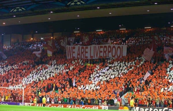 LIVERPOOL, ENGLAND - Tuesday, September 16, 2014: Liverpool supporters on the Spion Kop make a mosaic of European Cups before the UEFA Champions League Group B match against PFC Ludogorets Razgrad at Anfield. (Pic by David Rawcliffe/Propaganda)