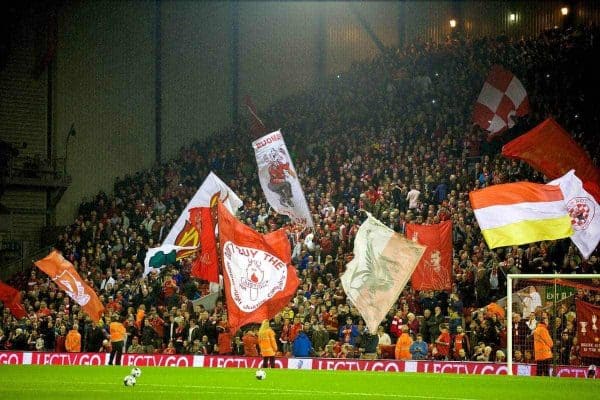 LIVERPOOL, ENGLAND - Tuesday, September 23, 2014: Liverpool supporters on the Spion Kop during the Football League Cup 3rd Round match against Middlesbrough at Anfield. (Pic by David Rawcliffe/Propaganda)