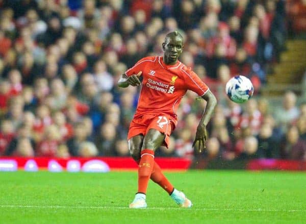 LIVERPOOL, ENGLAND - Tuesday, September 23, 2014: Liverpool's Mamadou Sakho in action against Middlesbrough during the Football League Cup 3rd Round match at Anfield. (Pic by David Rawcliffe/Propaganda)