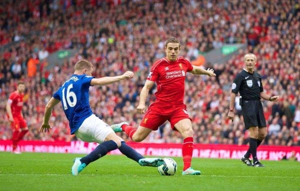 LIVERPOOL, ENGLAND - Saturday, September 27, 2014: Liverpool's Jordan Henderson in action against Everton during the Premier League match at Anfield. (Pic by David Rawcliffe/Propaganda)