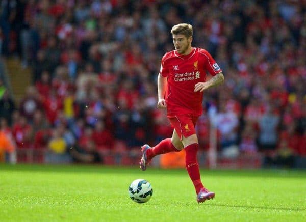 LIVERPOOL, ENGLAND - Saturday, September 27, 2014: Liverpool's Alberto Moreno in action against Everton during the Premier League match at Anfield. (Pic by David Rawcliffe/Propaganda)