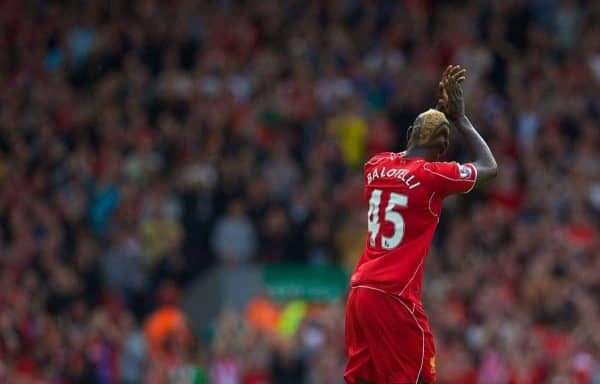 LIVERPOOL, ENGLAND - Saturday, September 27, 2014: Liverpool's Mario Balotelli applauds the supporters as he is substituted against Everton during the Premier League match at Anfield. (Pic by David Rawcliffe/Propaganda)